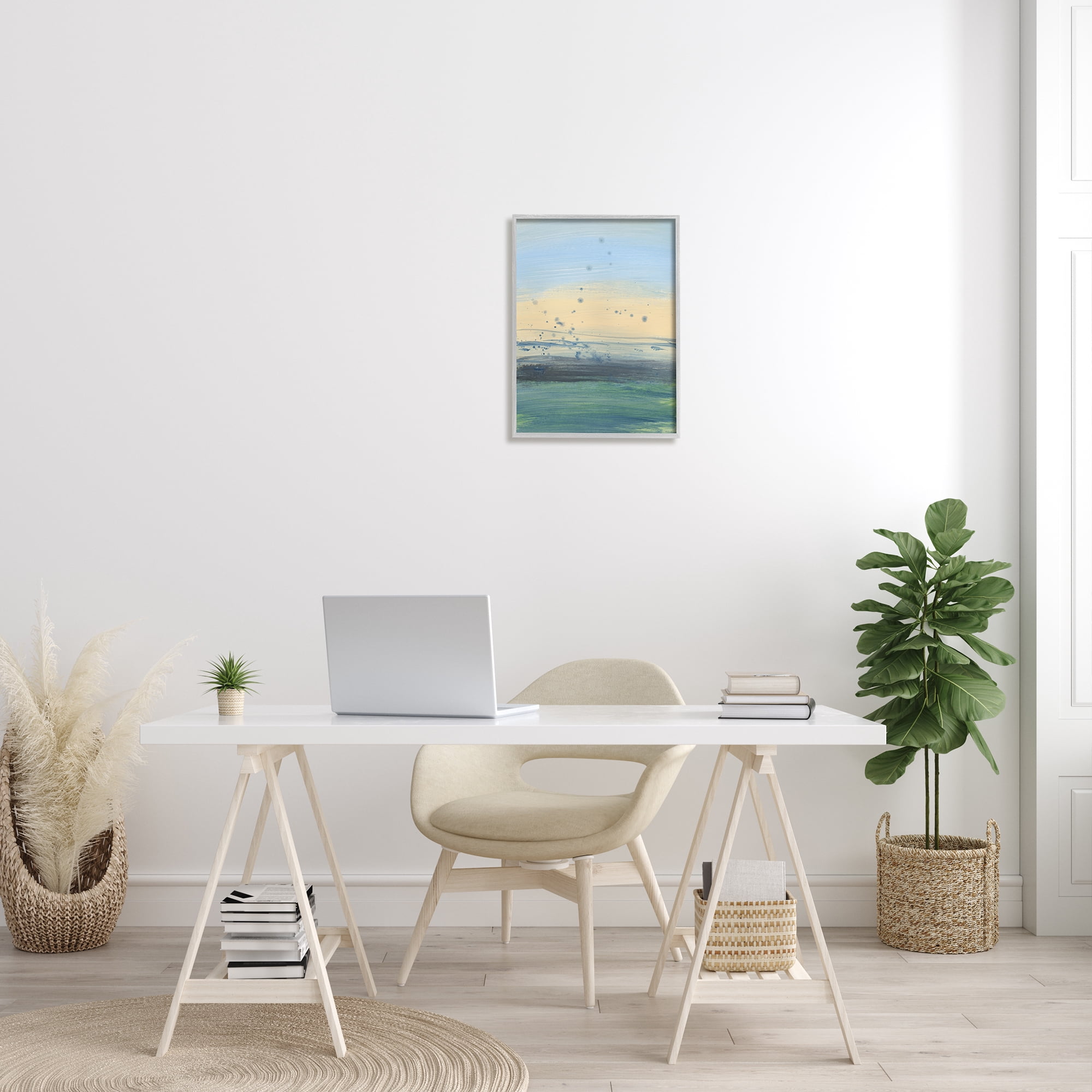 Stupell Industries Conceptual Yellow Ocean Sunset Blue Paint Splatter Graphic Art Gray Framed Art Print Wall Art, 16x20, by Bronwyn Baker