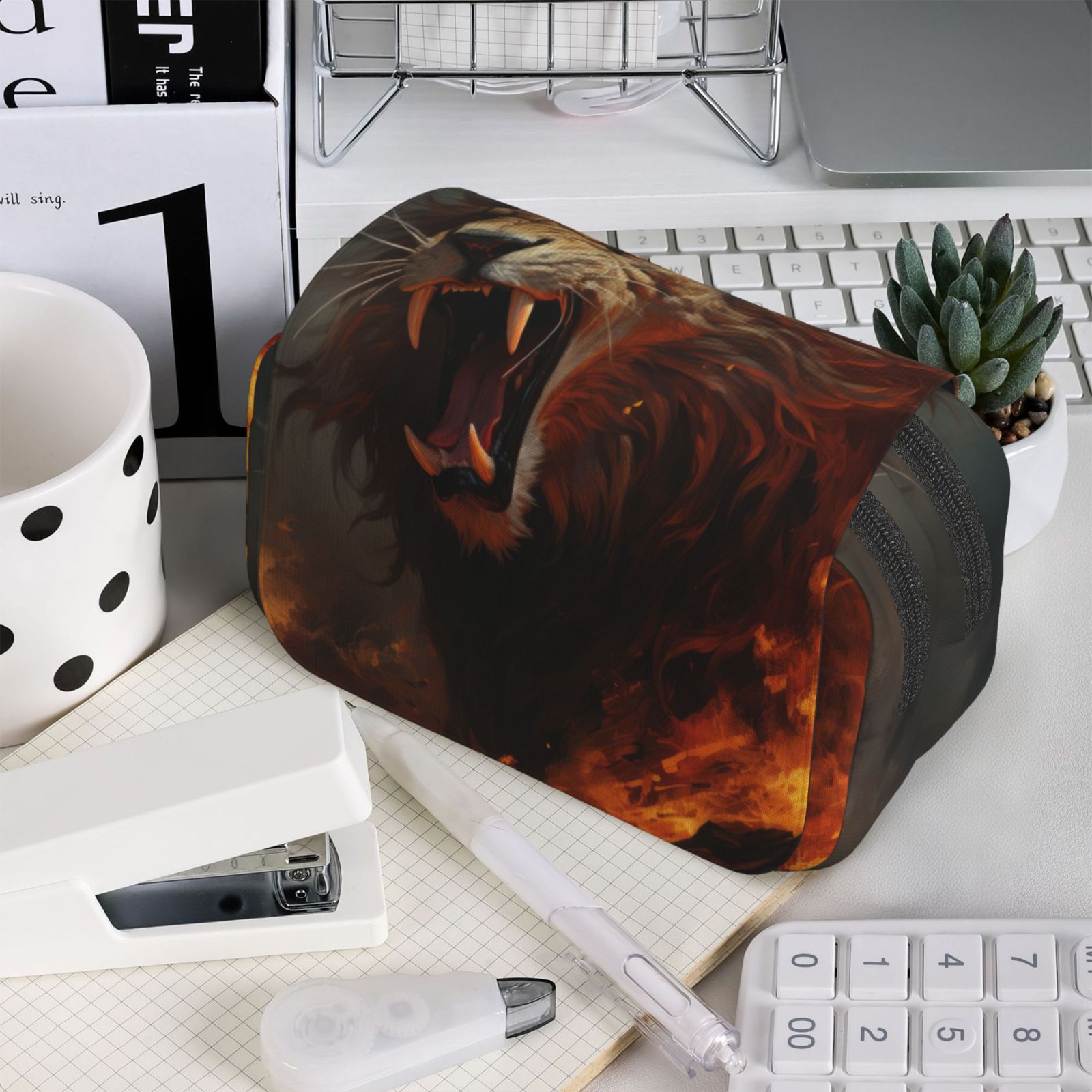 Rateoe Cool Flame Lion A Pattern Double Clamshell Pen Case, Storage Organizer with Two Zipper Compartments– Holds Up to 50 Pencils & Pens