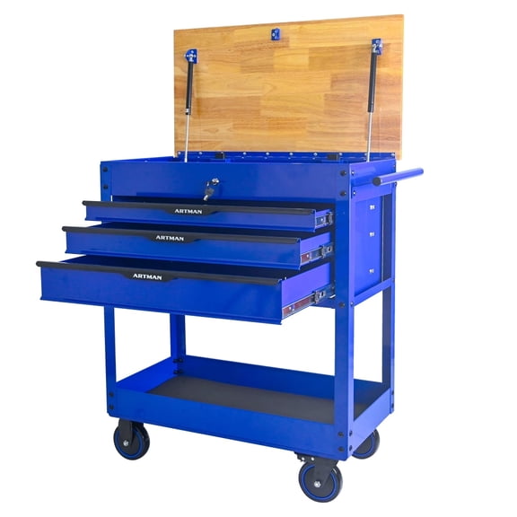 3-Drawer Rolling Tool Cart with Wood Top, Heavy-Duty Steel Tool Cabinet for Father's Garage Workshop Repair shop