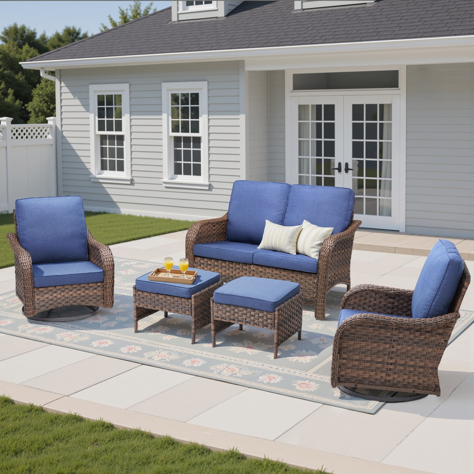 5 Piece Patio Wicker Furniture Sets, Outdoor Swivel Rocking Chairs, Loveseat and Ottomans Set with Blue Cushions
