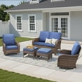 thumbnail image 2 of 5 Piece Patio Wicker Furniture Sets, Outdoor Swivel Rocking Chairs, Loveseat and Ottomans Set with Blue Cushions, 2 of 10