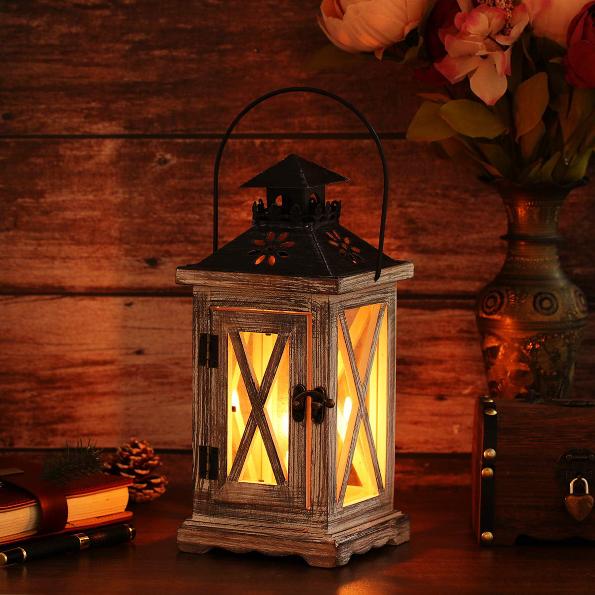 Asewon Wood Wooden Decorative Candle Lantern Vintage Rustic Candle ...