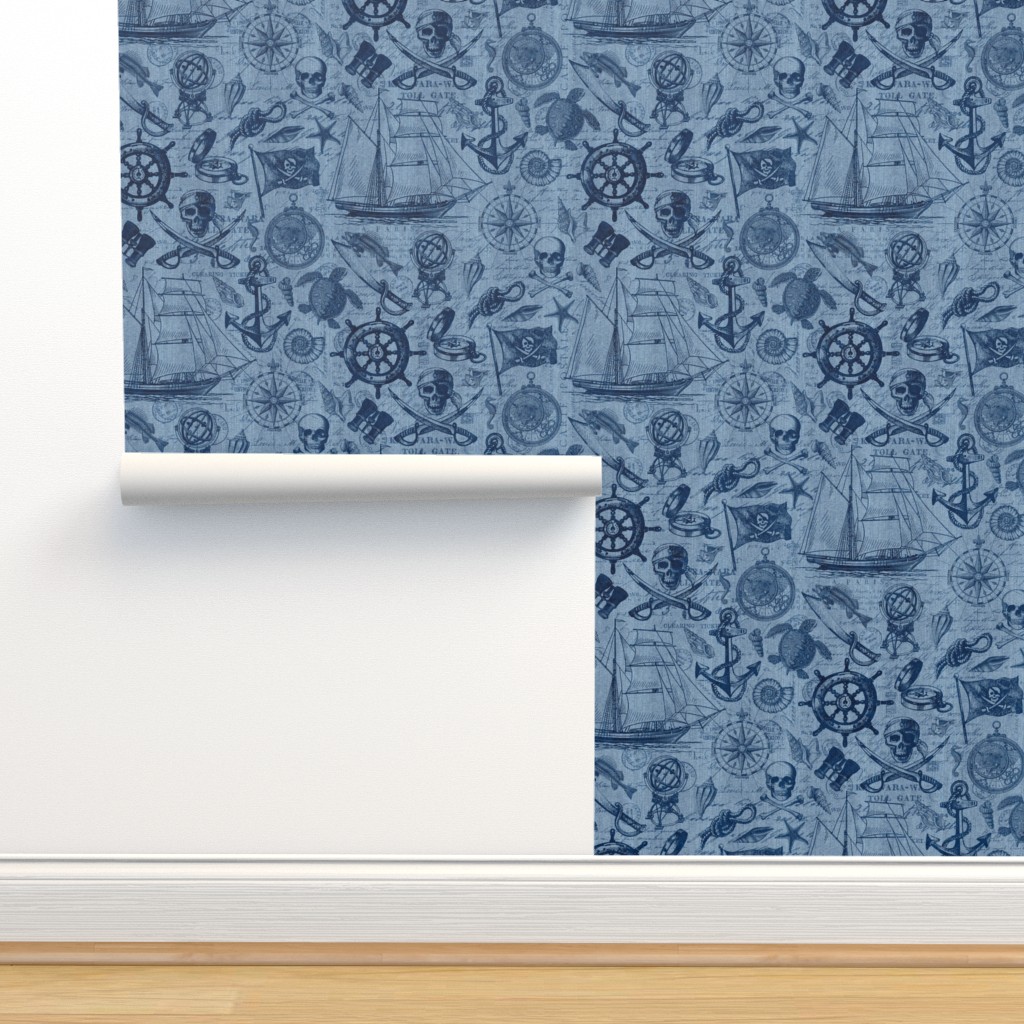 Peel & Stick Wallpaper 3ft x 2ft - Pirates Adventure Blue Denim Skull