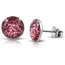 Stainless Steel Pink Red Blue Glitter Round Stud Earrings, 0.25"