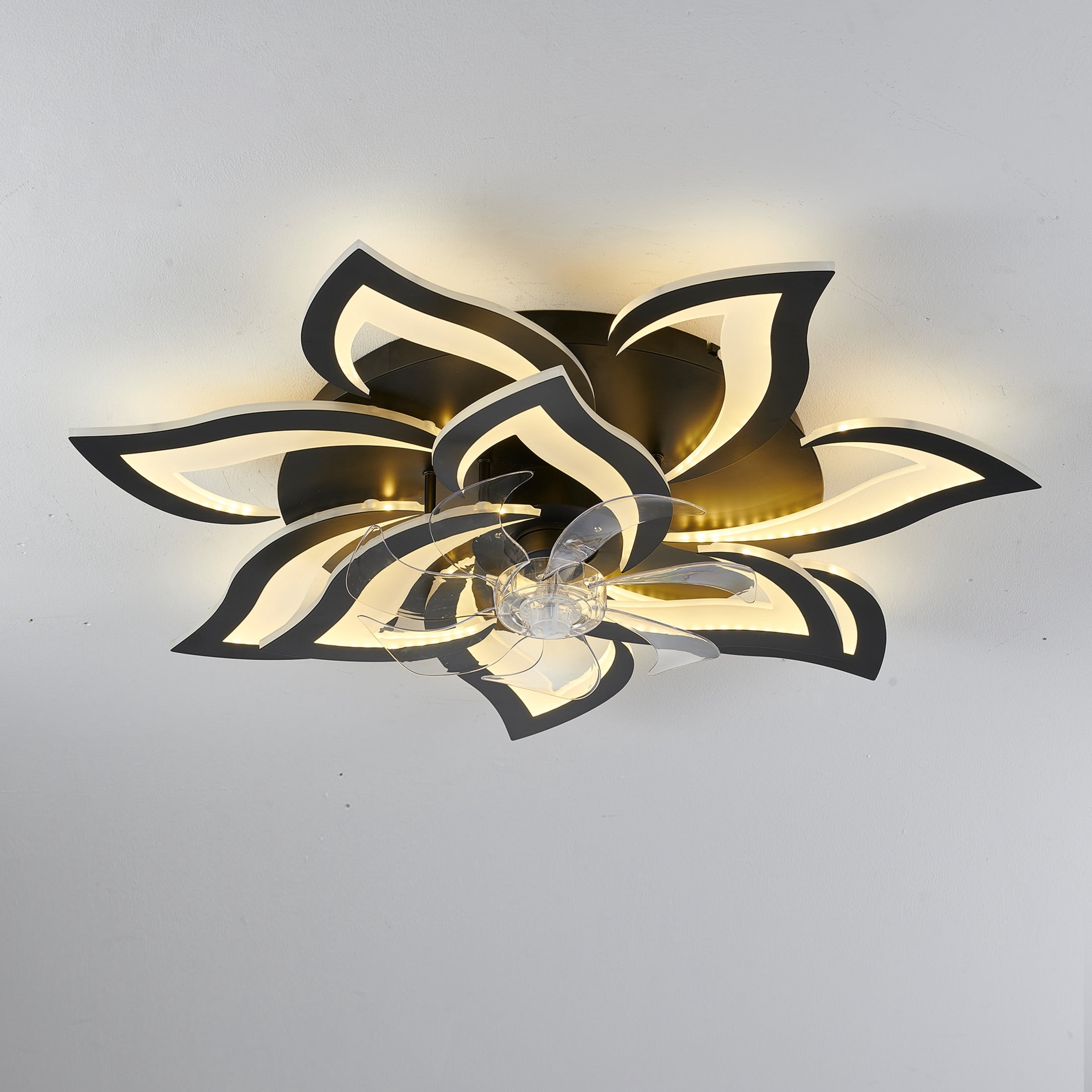 GDF Studio 10-Head Flower Modern Ceiling Fan with LED Lights & Remote Control, Low Profile Flush Mount Fandelier, Black