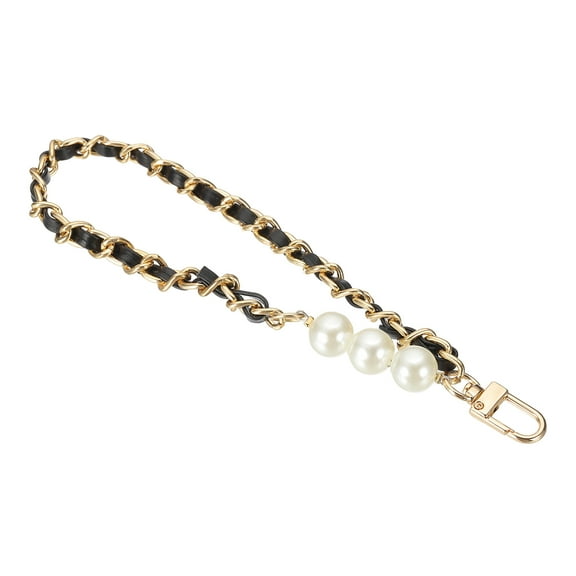Chain Wristlet Strap, 8" Pearl Leather Chain Wrist Lanyard Hand Strap Replacement with Metal Buckles for DIY Keychain Purse Wallet Clutch Bags Handbag Phone Case, Gold-Black