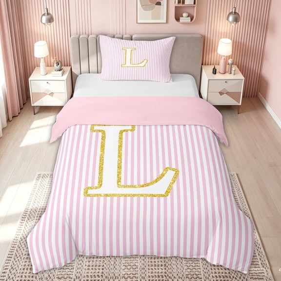 meiyoeat Gold L Monogram Twin Duvet Cover for Kids Girls Women, Pink Stripes Twin Bedding for Bedroom, Pink Reversible, 2-Piece