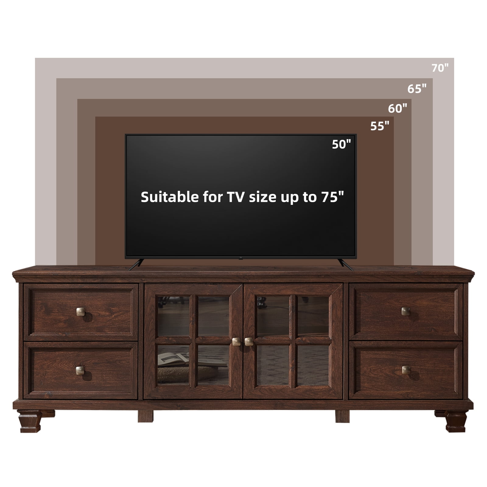 Buildhom Farmhouse TV Stand with Storage, 4-Drawer Rustic Brown Entertainment Center for Living Room, Walnut