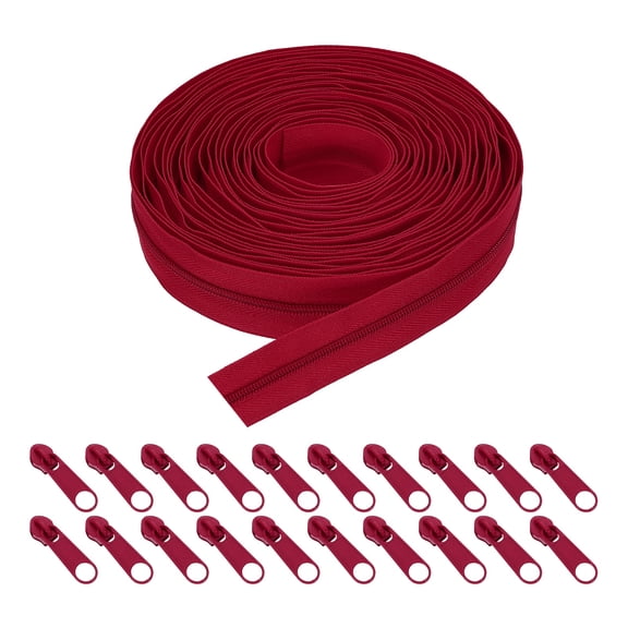 Uxcell 10 Yards 1" #3 Nylon Coil Zipper Sewing Tape with 20 Zip Slider, Bright Red