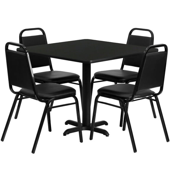 Flash Furniture Carlton 36'' Square Black Laminate Table Set with X-Base and 4 Black Trapezoidal Back Banquet Chairs