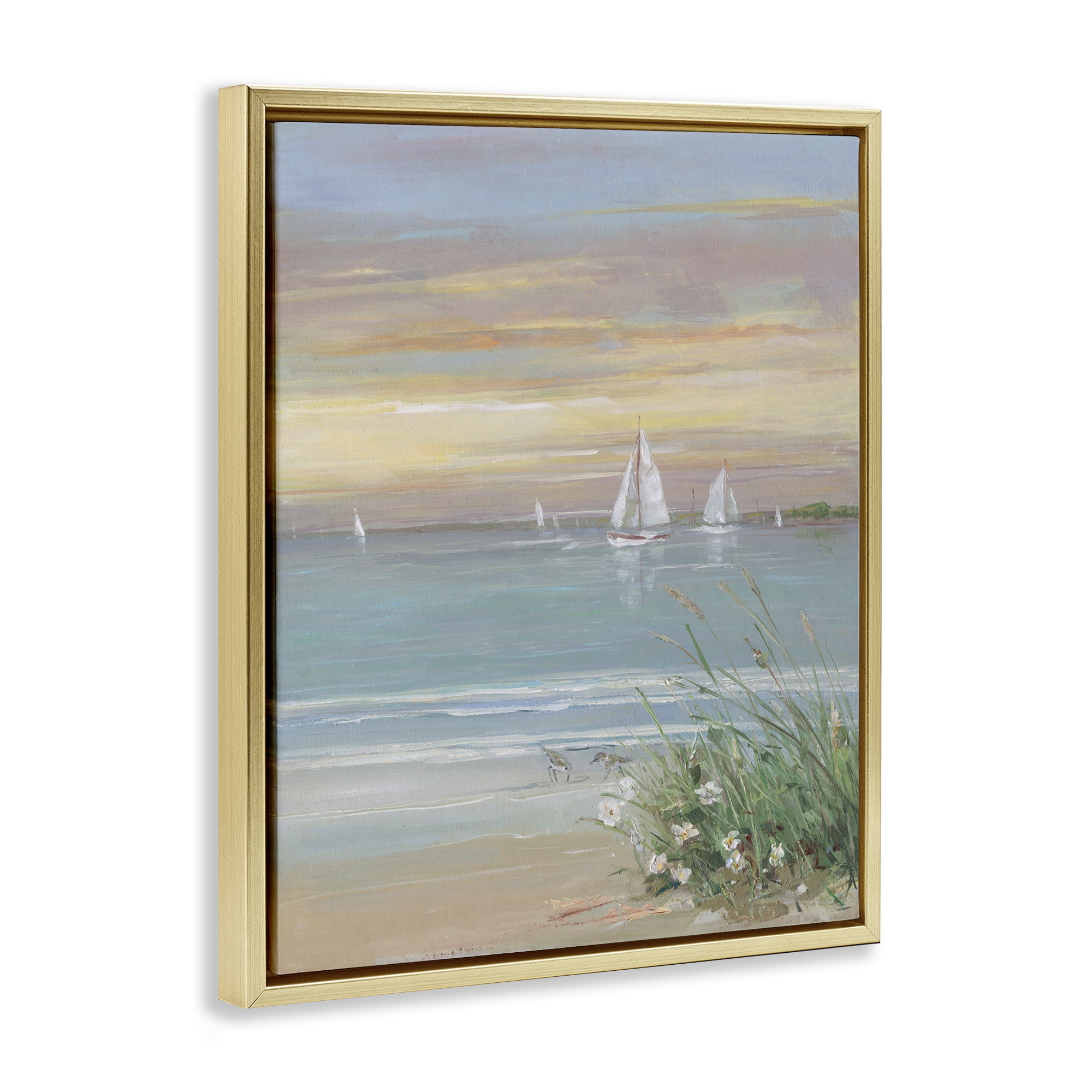 Stupell Industries Sailboats Beyond Sandy Shore Gold Framed Floater Canvas Wall Art, design by Sally Swatland