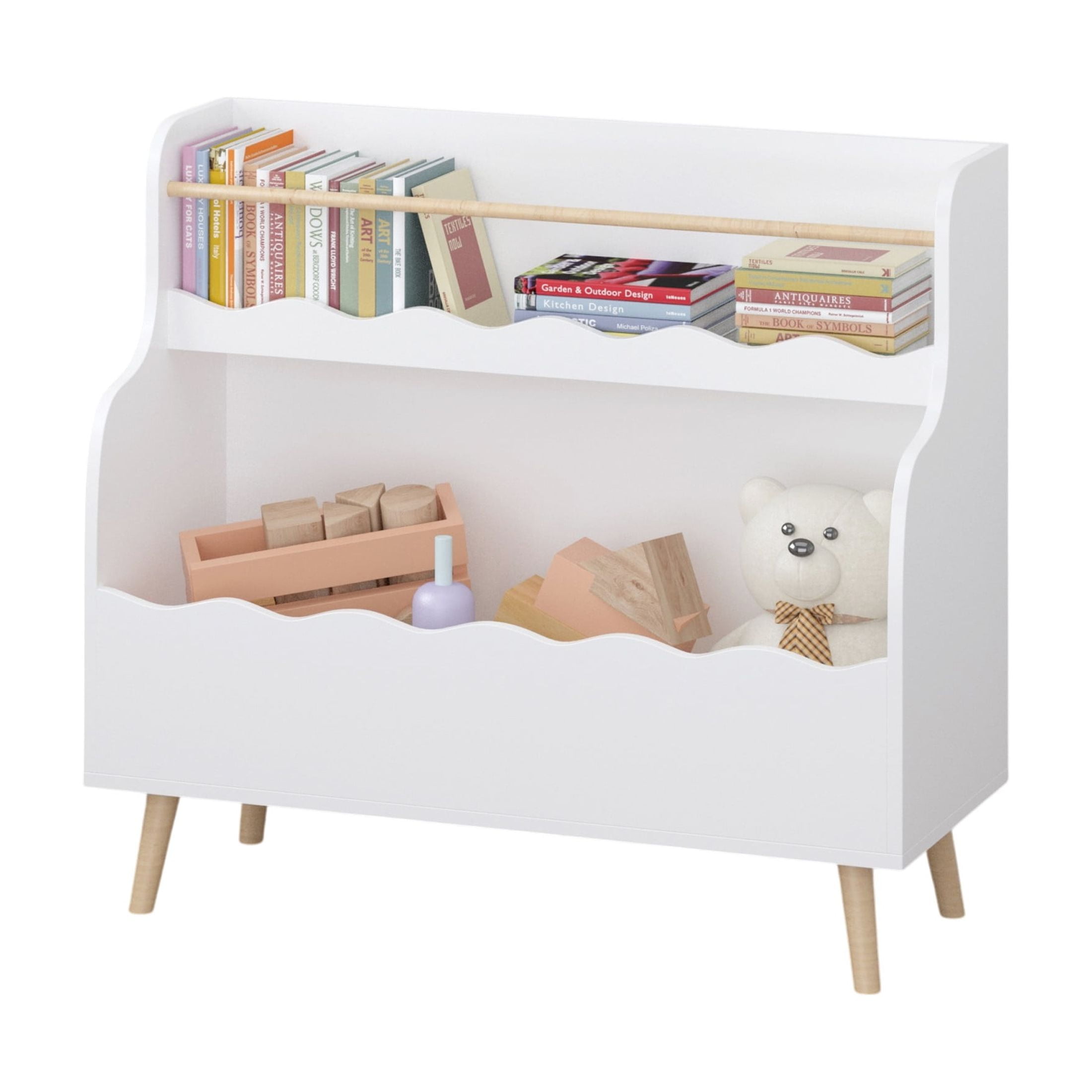 Noble House 31.3" Kids 2-Tier Bookcase with Rod, Wavy Front Book and Toy Storage Cabinet Organizer, Kid Room, White
