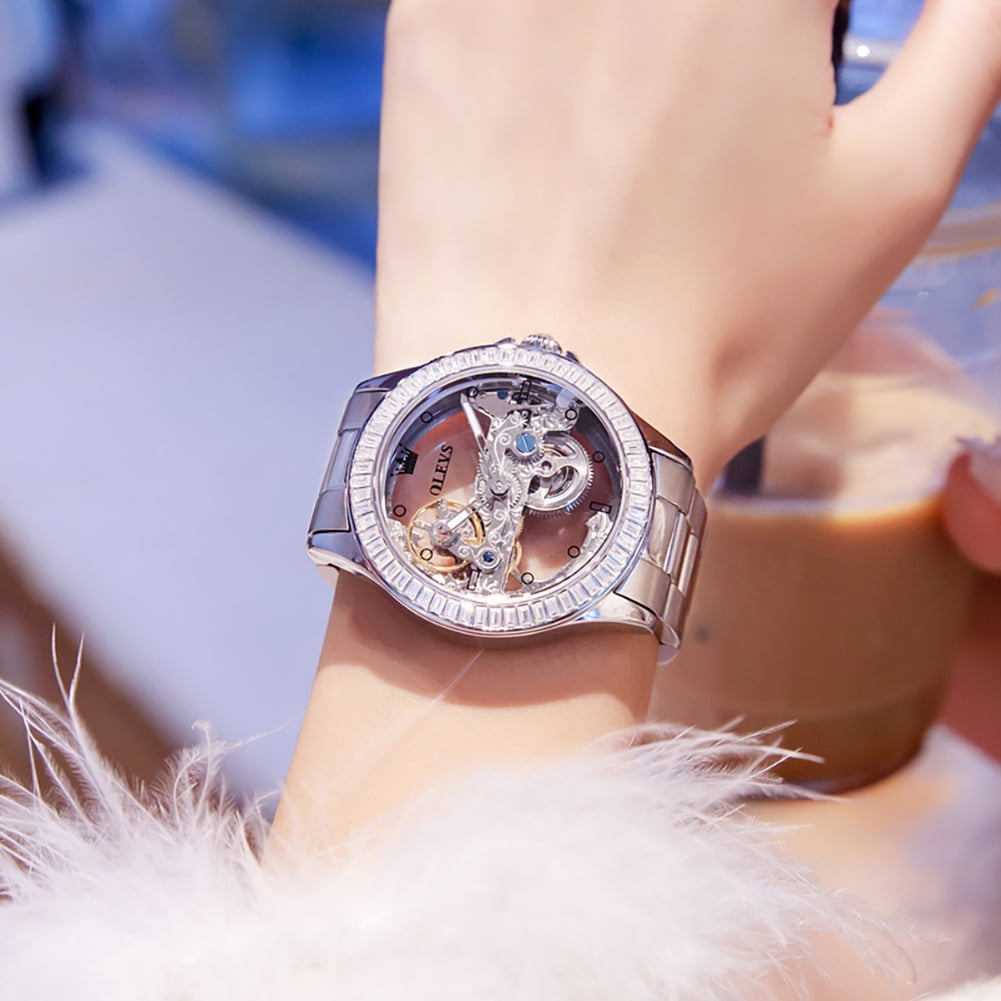 OLEVS Automatic Watches for Womens Mechanical Diamond Skeleton Self Winding Stainless Steel Luxury Dress Waterproof Luminous Ladies Watches Womens Wrist Watches Gift Reloj Para Mujer