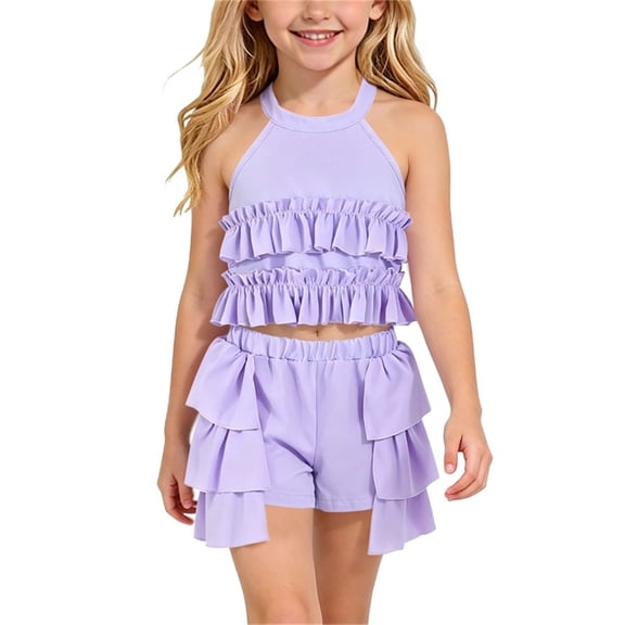 ITSAME Girls Summer Outfit Sets Ruffle Sleeveless Crop Top and Shorts Fashion Clothes 2-Piece Purple Size 6-7