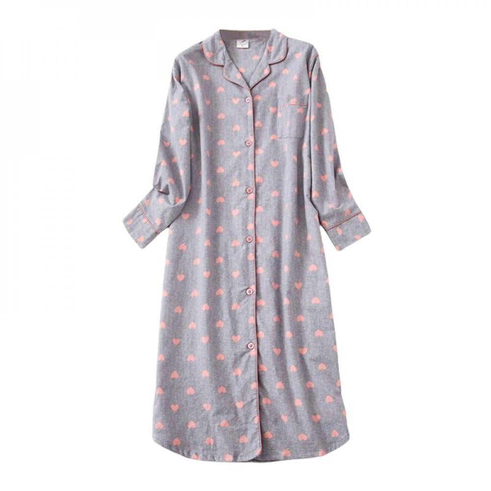 Women's Sleep Shirt Cotton Heart Printed Pajama Top Button-Front