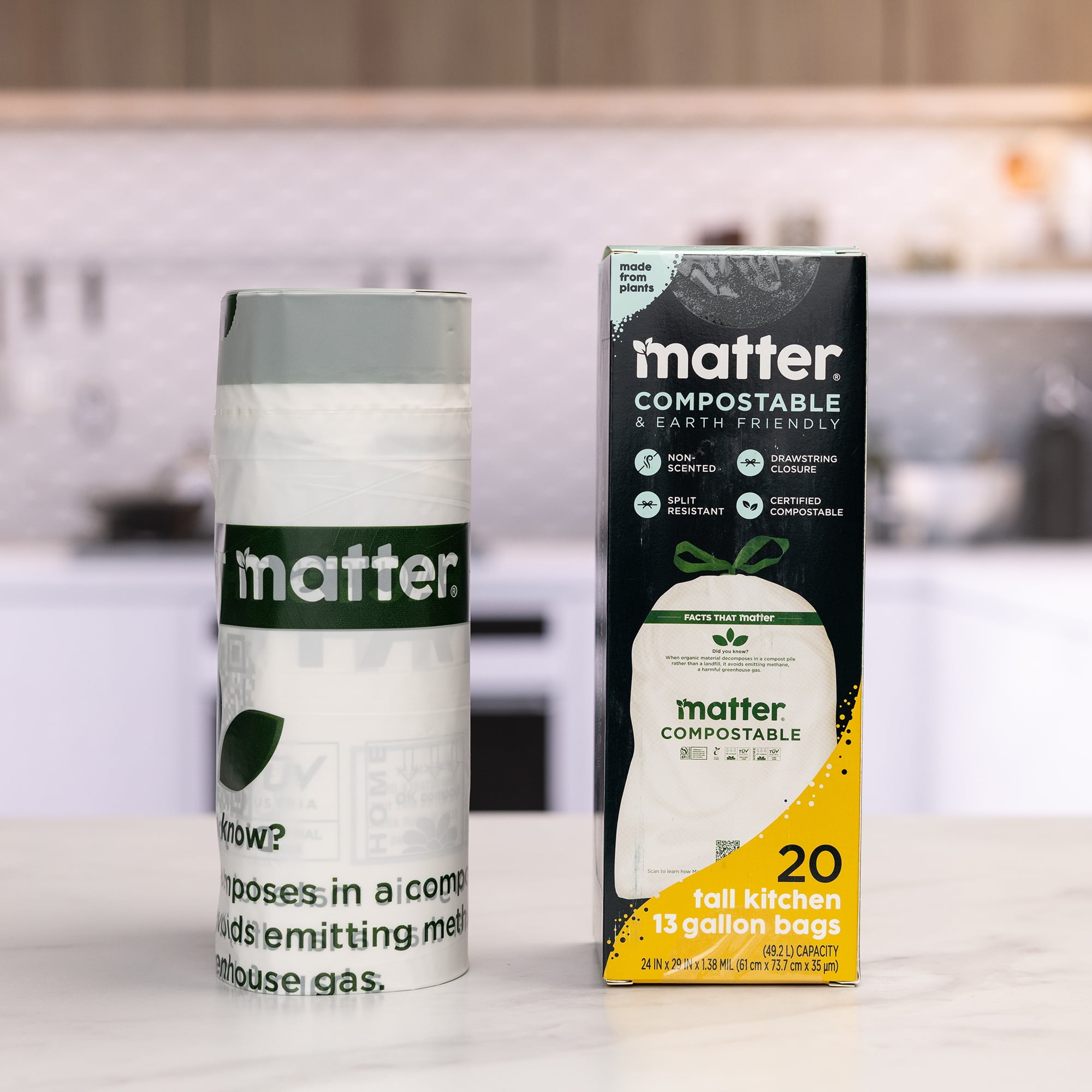 (4 pack) Matter Compostable 13-Gallon Tall Kitchen Trash Bags with Drawstring, 20 Count