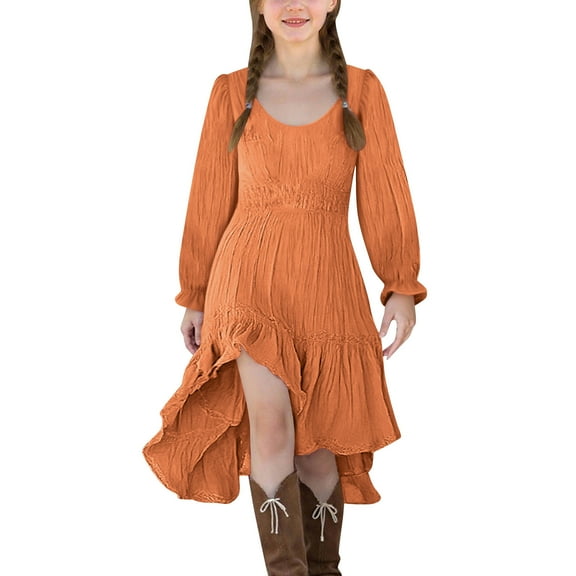 IVEYRTF Girls Medieval Dress Long Sleeve Solid Color Casual Party Wear Irregular Hem Lace Patchwork Round Neck Long Dress for Daily Birthday(Orange,11-12 Years)