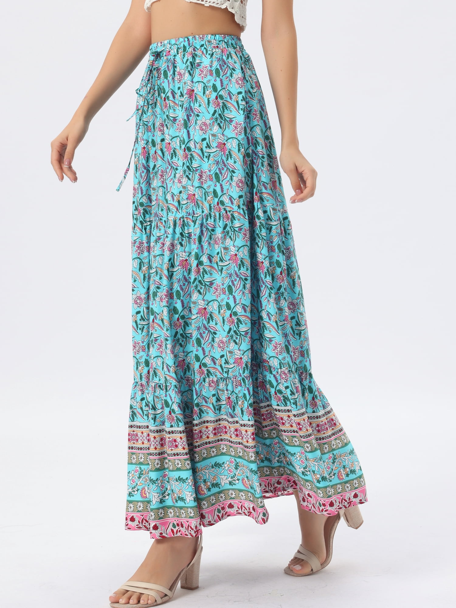 DARING DIVA Women's Boho Flare Floral Skirt Medium Turquoise Blue