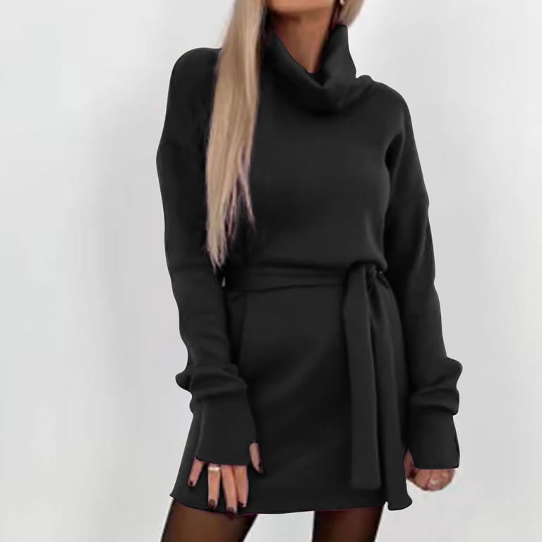 AKOEE Fashion Polyester Cotton Dress Thumb Hole Plain High Neck Pullover Long  Sleeve S-3X Mini Dress with Belt (XX-Large, Black) - Walmart.com