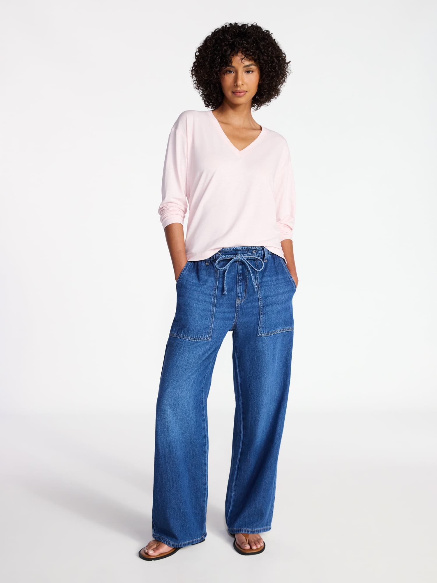 Time and Tru Women's Boxy Slub V-Neck Tee with Long Sleeves, Sizes XS-XXXL