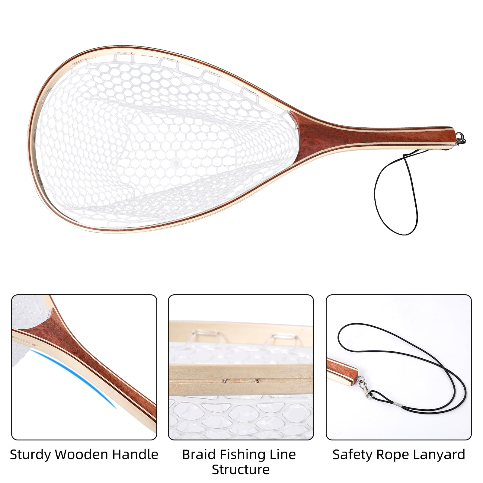 Fly Fishing Net, Soft Rubber Mesh Landing Nets for Fishing, Wooden Frame Catch and Release Net, Trout Fishing Nets with Handle, Fly Fishing Accessories for River, Lake and Stream