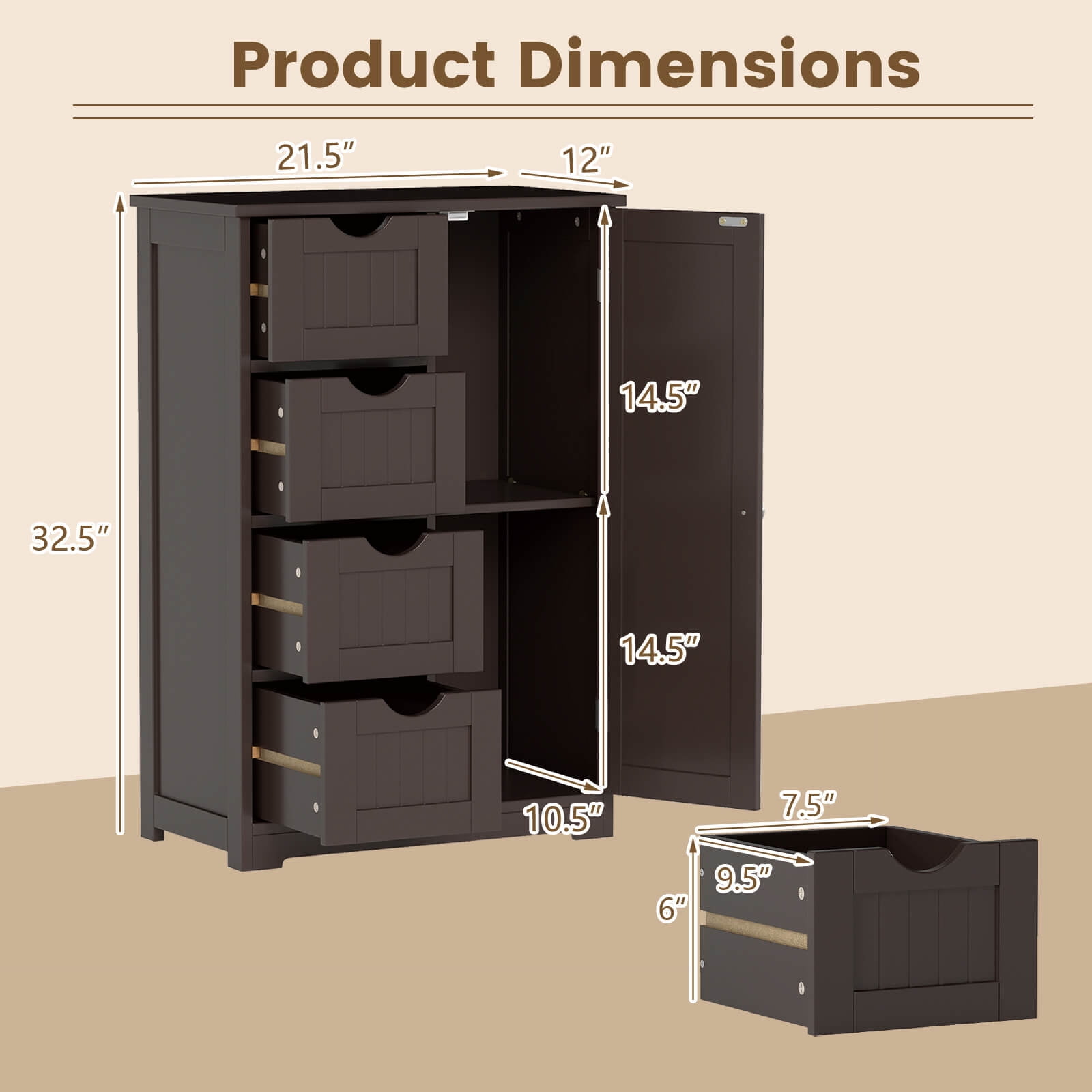 Costway 4-drawer MDF Board Free Standing Storage Cabinet with 2 Shelves in Brown