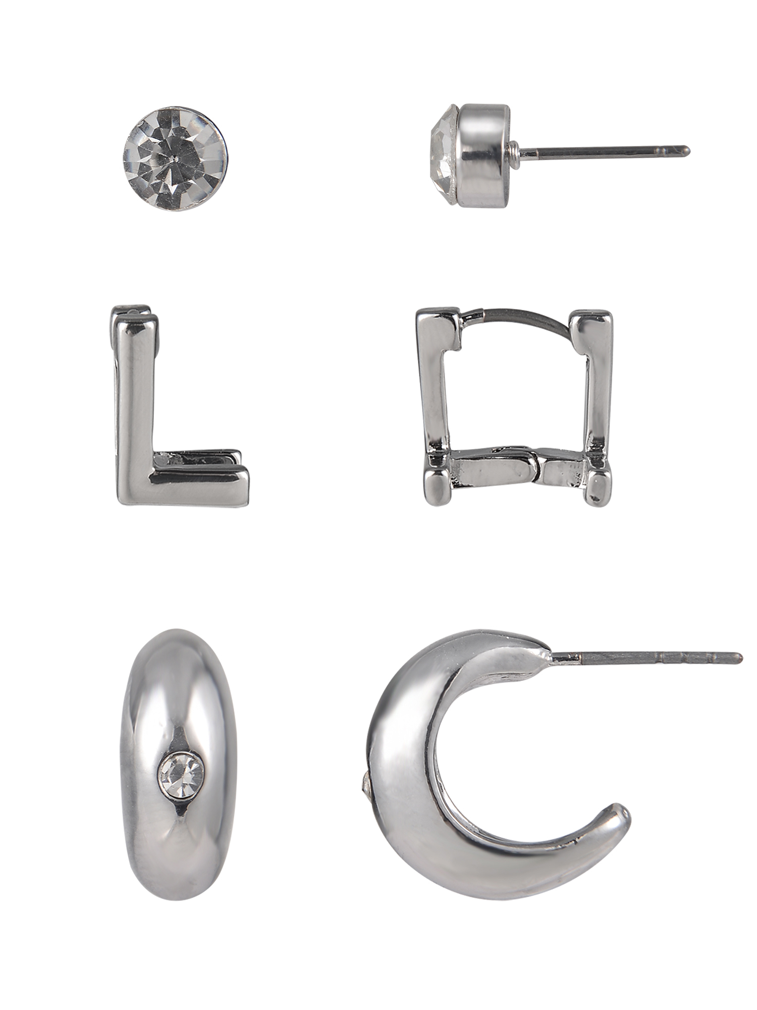 Time and Tru Silvertone 3-On Crystal Stud, Hoop, Initial "L" Earring Set