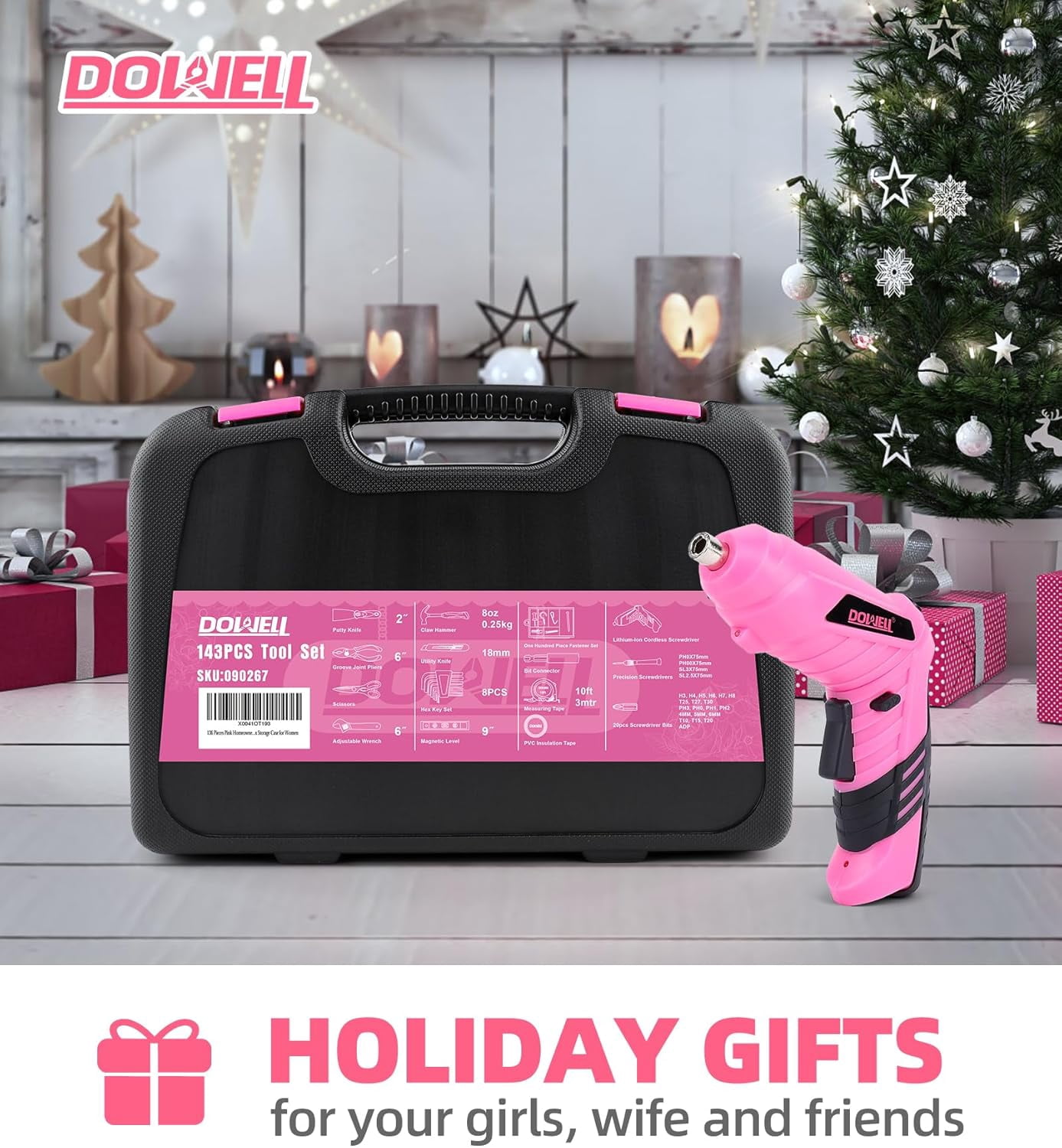 DOWELL 143-Piece Pink Homeowner Tool Set with 3.6V Cordless Screwdriver, Household Hand Tool Kit