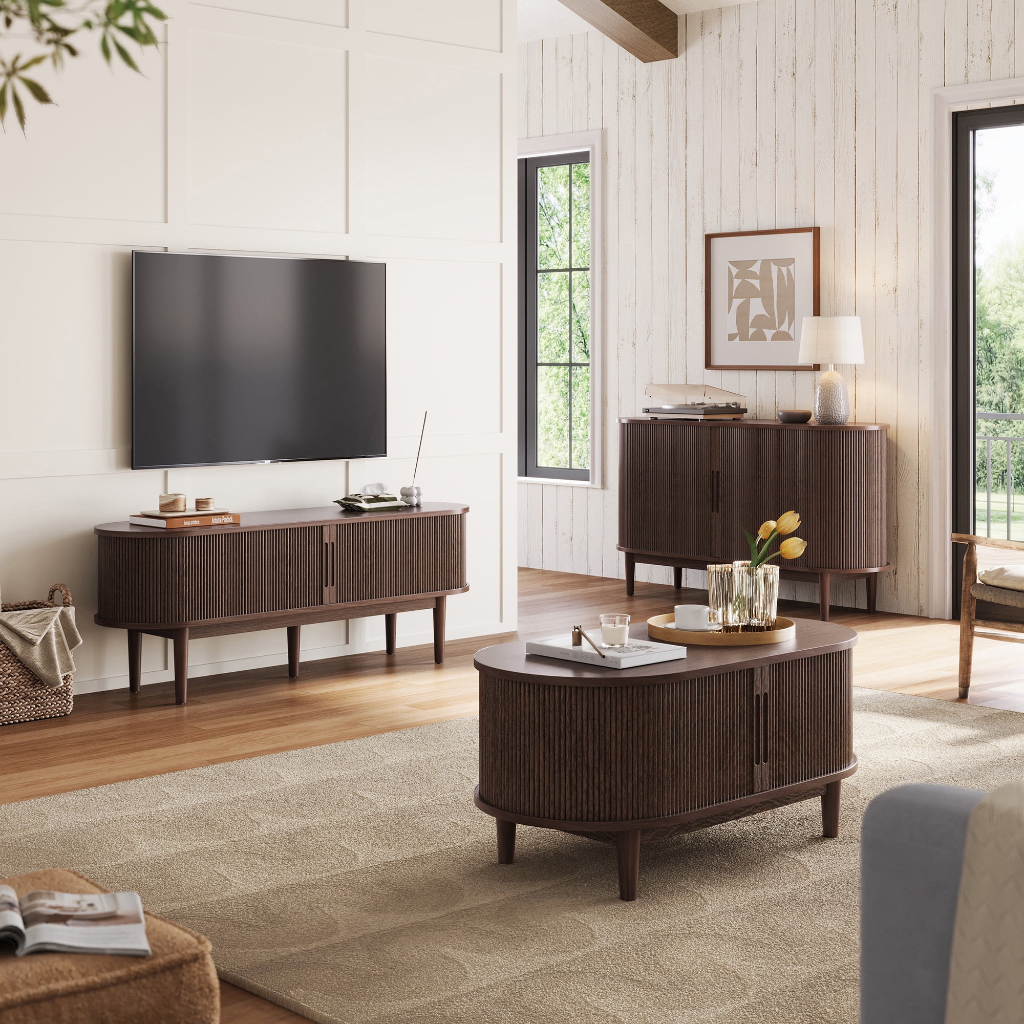 LINSY HOME Fluted TV Stand for TVs up to 65", Mid-Century Home Entertainment Center with Sliding Tambour Door and Adjustable Shelves, Walnut