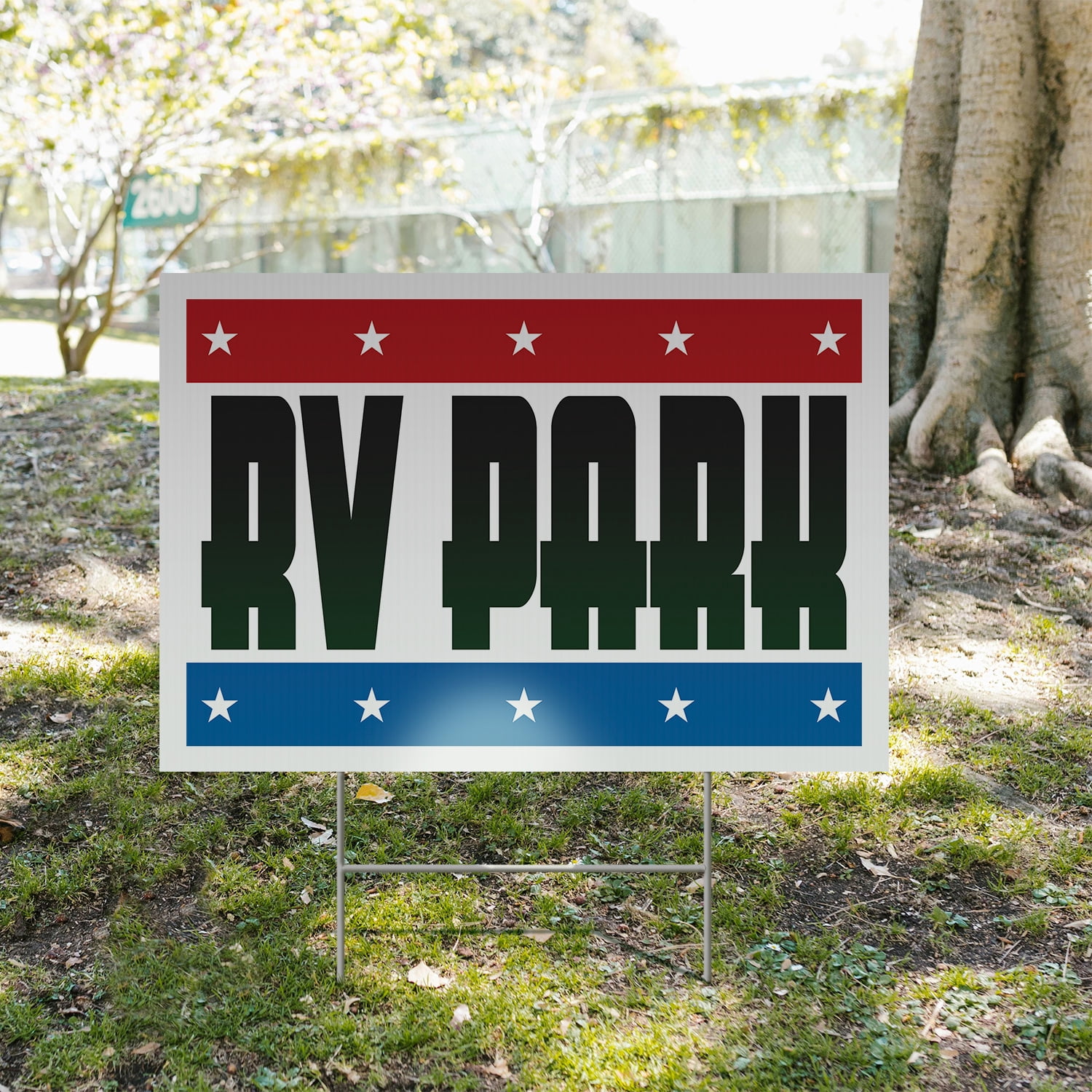 RV Park Yard Sign 2 Pack of 18 Inch x 24 Inch Double Sided Weatherproof Heavy-Duty Plastic with Stake | Outdoor Adventures, Camping Sites, Clear Messaging | Made in USA