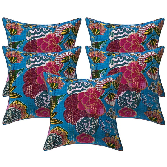 Stylo Culture Indian Settee Sofa Throw Pillow Covers 16 x 16 Kantha Turquoise Printed 40 x 40 cm Home Decor Cotton Tropicana Square Cushion Covers | Set Of 5