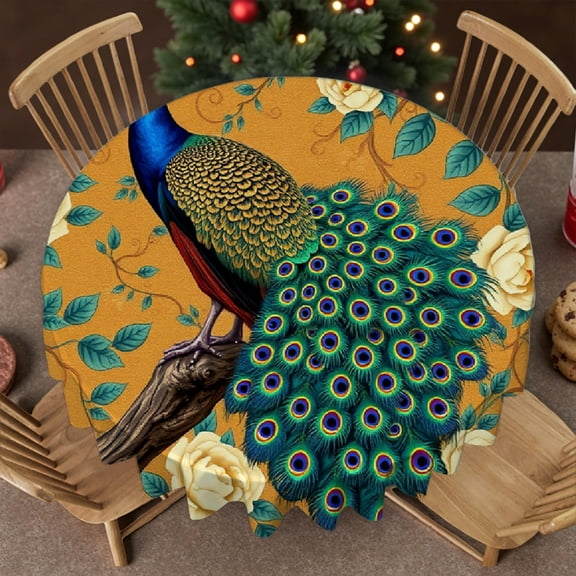 RKSupls 60 Inch Round Tablecloth, Peacock Floral Vintage Polyester Table Cover - Soft, Stain Resistant & Washable Decor for Wedding, Party, Holiday, Home Dining