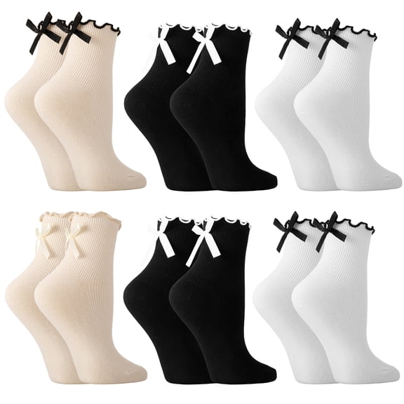 Bocaoying 6-Pairs Lace Ruffle Crew Socks for Women, Lolita Style Ribbon Ankle Lettuces Edge Socks, Cotton Blend Casual Bow Socks for Daily Wear, Gift, Size 6-10, Black/White/Beige