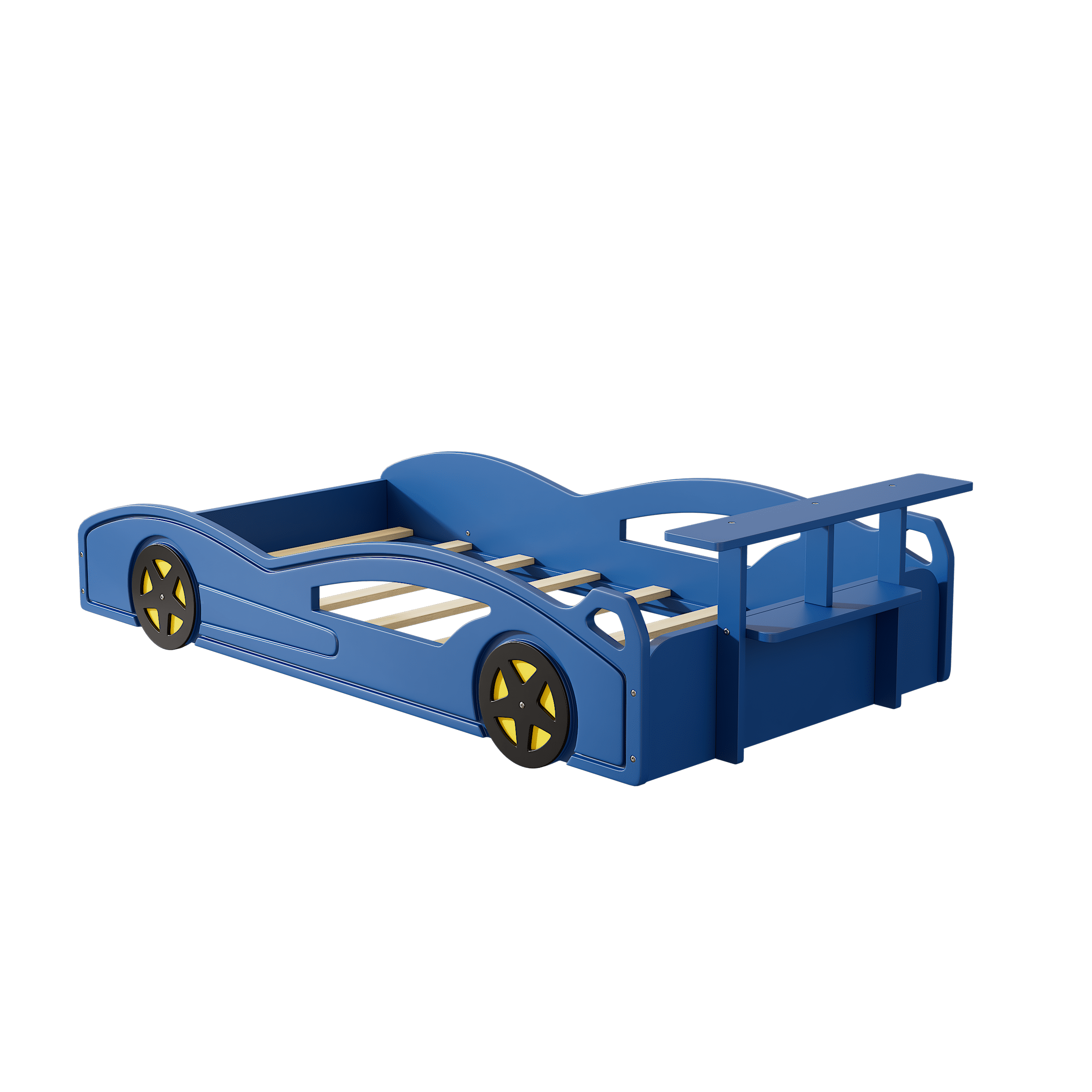 Wooden Race Car Bed, Car-Shaped Platform Twin Bed with Wheels For Teens, Blue & Yellow