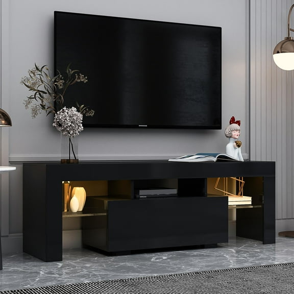 Segmart TV Stand Livingroom Furniture with LED Lights, Modern High Gloss Entertainment Center with 2 Storage Drawers and Open Shelves for Up to 60 Inch TVs, Television Stands Console Table, Black