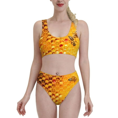 Bixox Bees on Hive Honeycomb Pattern Two-Piece Sports Bikini with U-Shaped Top and High-Waist Bottom - Women s Swimwear with Removable Bra Pads