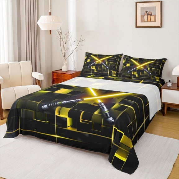 Erosebridal Electric Games Bed Sheets Set Twin Size,Neon Light Bedding Sets Twin Size,Glowing Yellow Ombre Checkered Bed Sheets Twin For Teens,Ultra Soft Bedroom Decoration，3-Piece