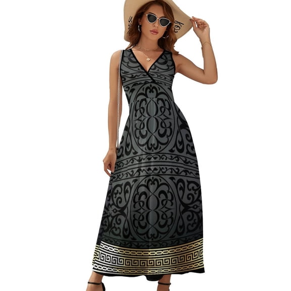 Greek Key Ornate Black & Gold Dress Fashion Boho Beach Long Dresses Female Party Printed Maxi Dress