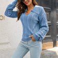 thumbnail image 2 of Lovskoo Sweaters for Women Casual Pure Color Lapel Dough Twists Long Sleeve Loose Pullover V-Neck Sweater Sky Blue, 2 of 8