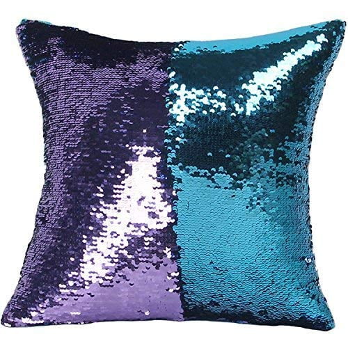 Mocofo I Sparkling Magic Firebird Mermaid Cushion Covering Sequins Half Purple Half Blue 16x16 inches (Purpleblue)