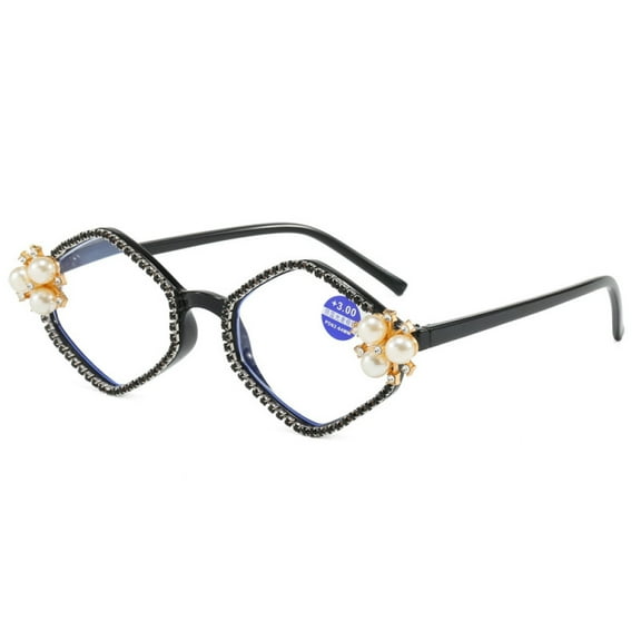 Women Diamond Shape Reading Glasses 3.50 Ladies Black Frame Pearl Elegant Blue Light Blocking Readers 3.50 Strength