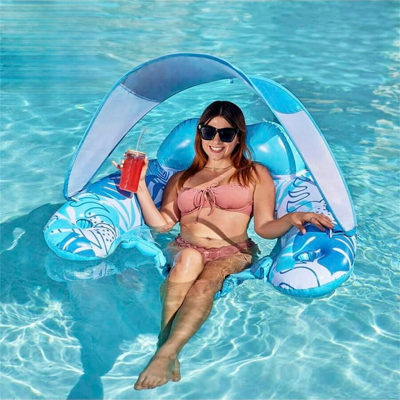 JQDWMDLX Blue Pool Floats with Canopy Adult, XL Inflatable Pool Lounge Chairs with Cup Holders,Floating Chair for Adults,Inflatable Floaties with Headrest for Party Beach Summer Water Fun