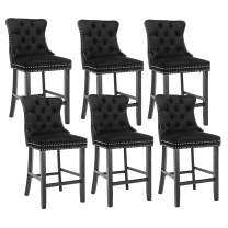 27" Contemporary Padded Bar Stools, Tufted Velvet Upholstered Barstools with Button Tufted Decoration, Chrome Nailhead Trim, Footrest and Solid Wood Legs (Black,Set of 6)