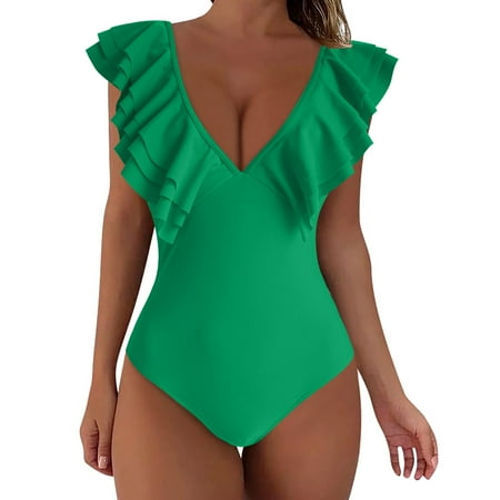 RUTAYY Women Ruffled Monokini Swimsuit V-Neck Push Up Tank Swimwear Vintage Bathing Suits Boho Swim Wear
