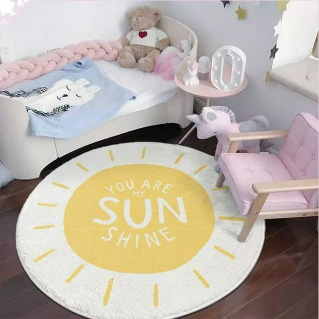 TEMBR Round Rug,Yellow Sun Large Non Slip Super Soft Plush Area Rug for Kids Room Playroom Nursery Bedroom, Educational Washable Circular Floor Mat for Home Room Decorative(31.5")