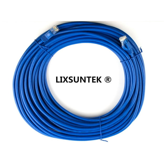 LIXSUNTEK® RJ45 Cat5e Cat-5e Ethernet patch cable, 50 feet (15.24 meters) in length, shown coiled with blue insulation and RJ45 connectors on both ends. Ideal for wired home and office networks, supports data transmission speeds up to 1,000 Mbps and 250 MHz bandwidth.