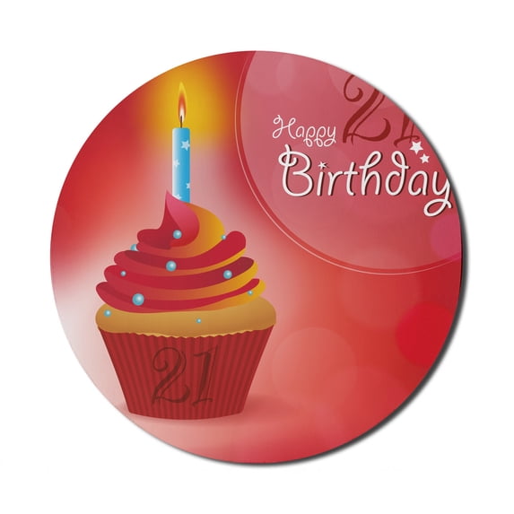 21st Birthday Mouse Pad for Computers, Abstract Sun Beams Backdrop Party Delicious Cupcake with Frosting Image, Round Non-Slip Thick Rubber Modern Mousepad, 8" Round, Red and Orange, by Ambesonne