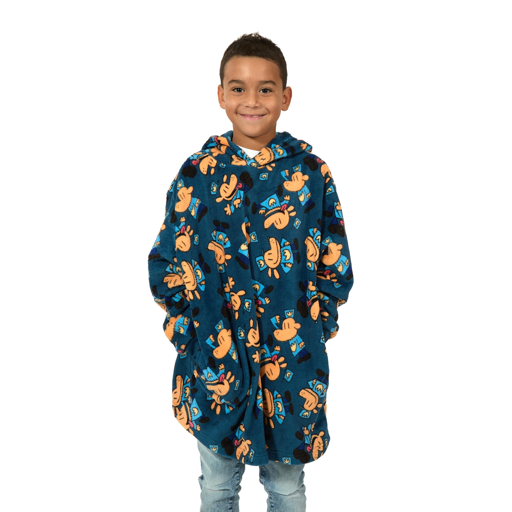 Dog Man All-Over Character Print Long Sleeve Boy's Blue Oversized Wearable Kids Hoodie Blanket-L/XL