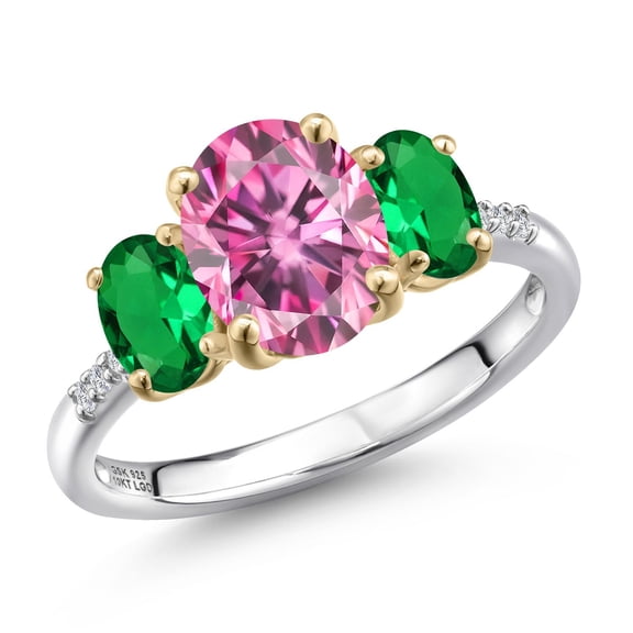 Gem Stone King 925 Silver and 10K Yellow Gold Pink Moissanite and Green Nano Emerald and Lab Grown Diamond Engagement Ring for Women | 2.86 Cttw | Oval 9X7MM | Birthstone | Size 7
