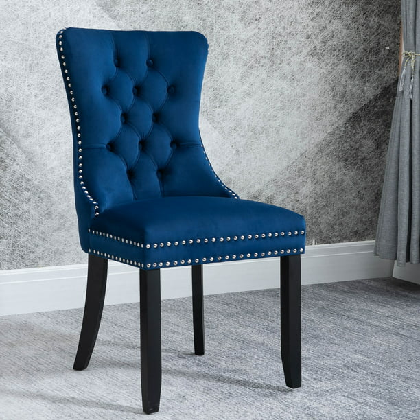 Living Room Chair Set Of 2 Tufted Velvet Studded Dining Chair With Solid Wood Legs Armless Upholstered Accent Side Chair Victoria Kitchen Bedroom Chair Modern Furniture Blue W5895 Walmart Com Walmart Com